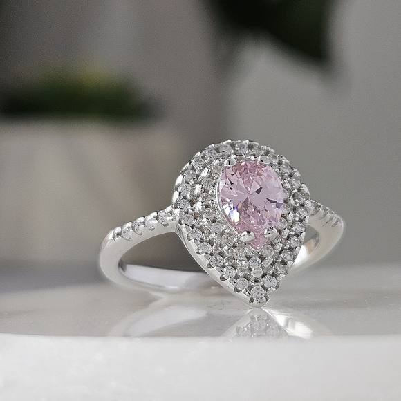 Pear Shaped Double Halo Teardrop ring with Pink Gemstones, 925 Sterling Silver - Picture 3 of 4